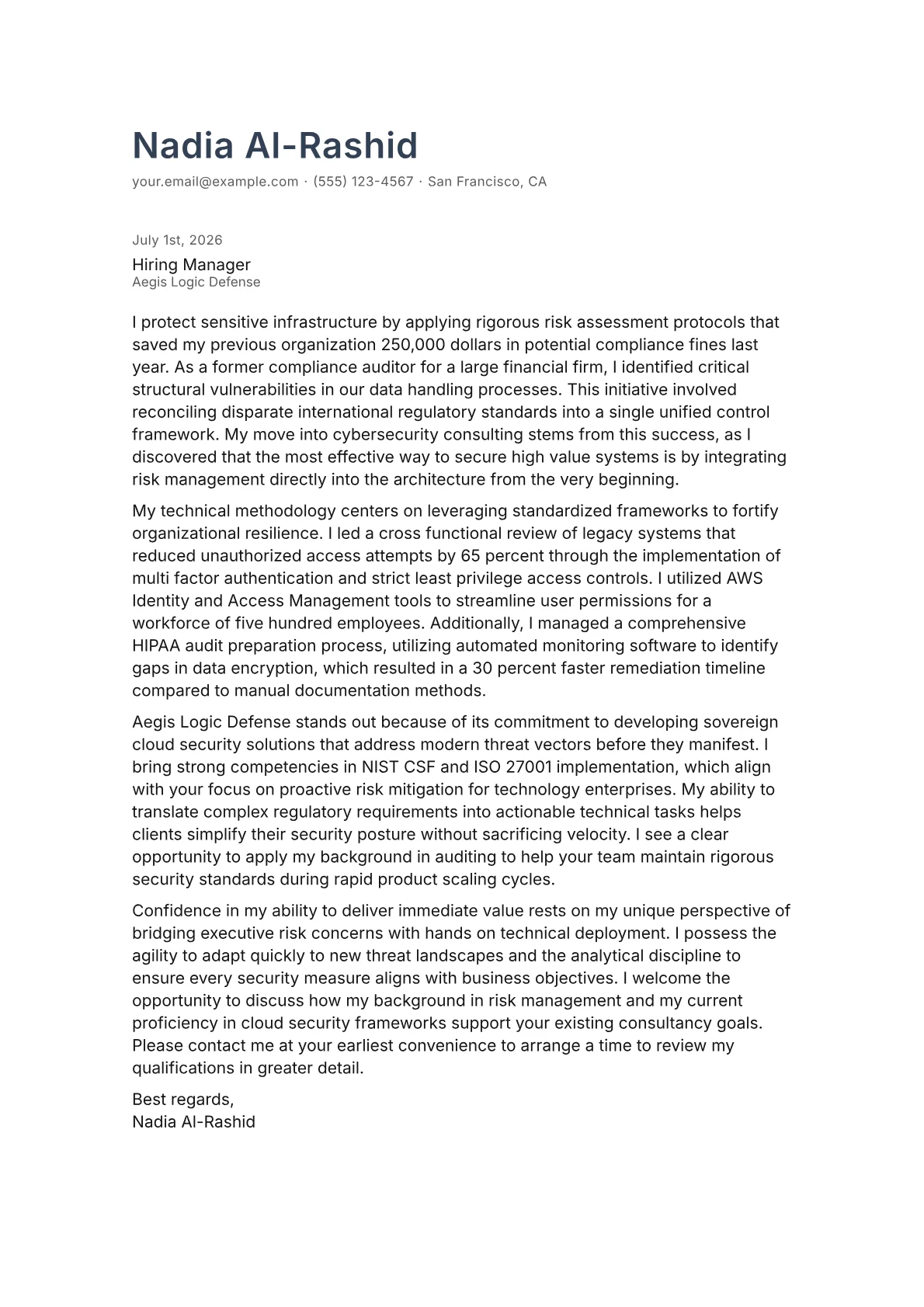 Cybersecurity Consultant cover letter in the Minimal design