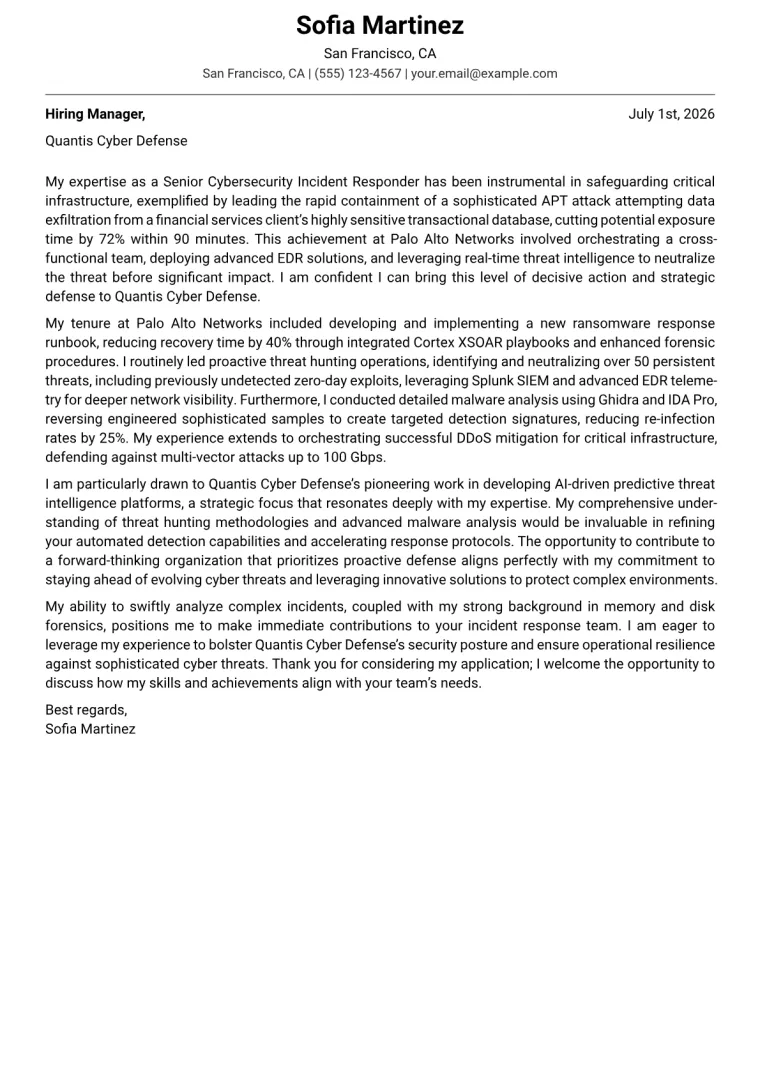 Cybersecurity Incident Responder cover letter example
