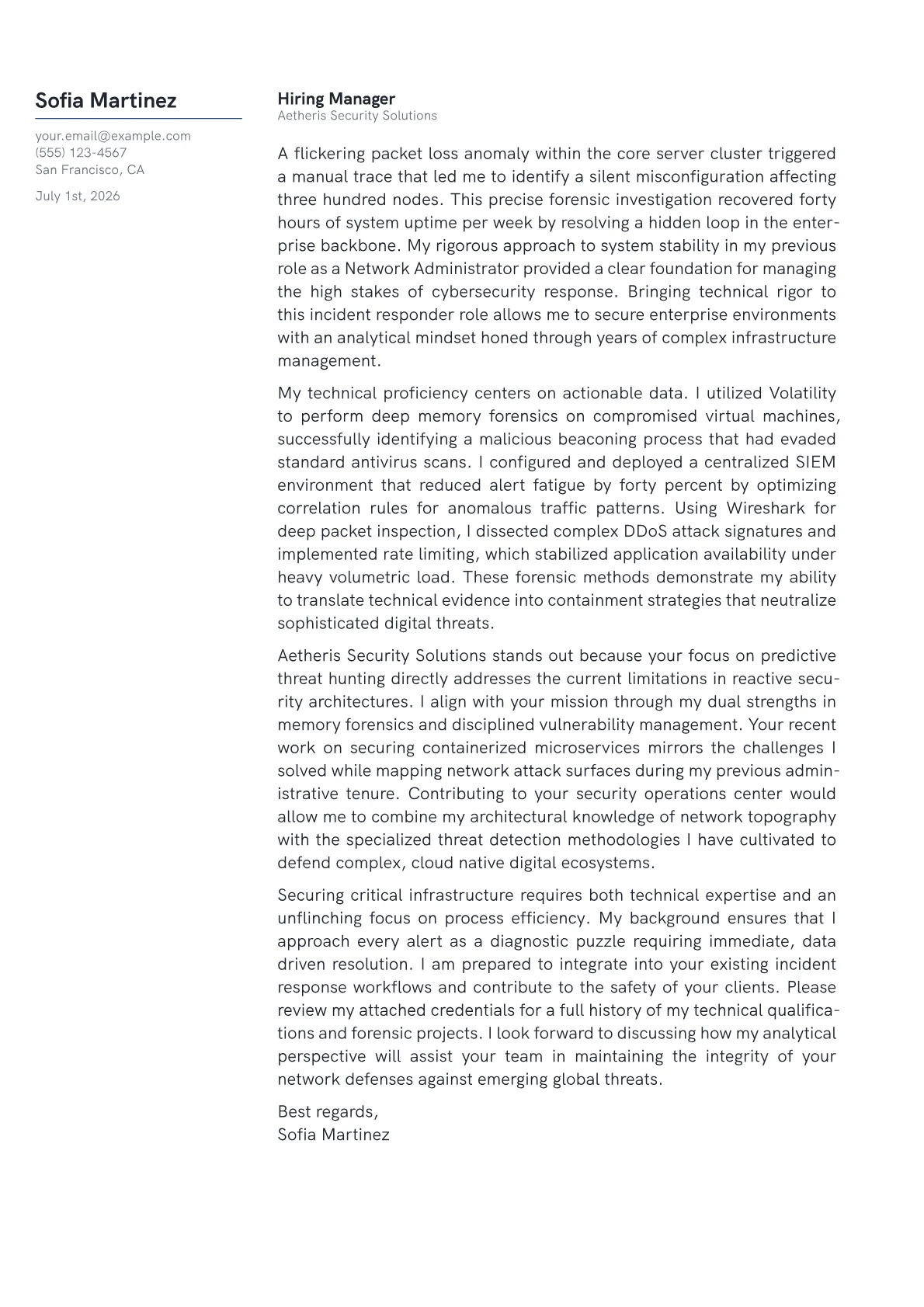 Cybersecurity Incident Responder cover letter in the Margin design
