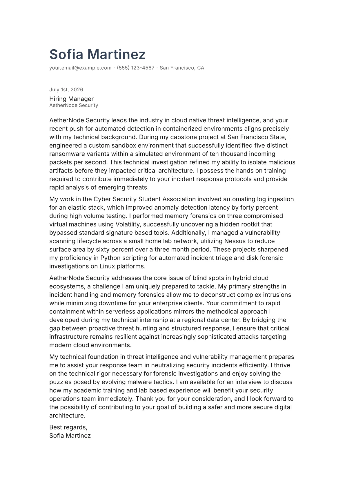 Cybersecurity Incident Responder cover letter in the Minimal design