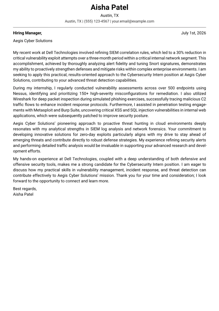 Cybersecurity Intern cover letter example preview