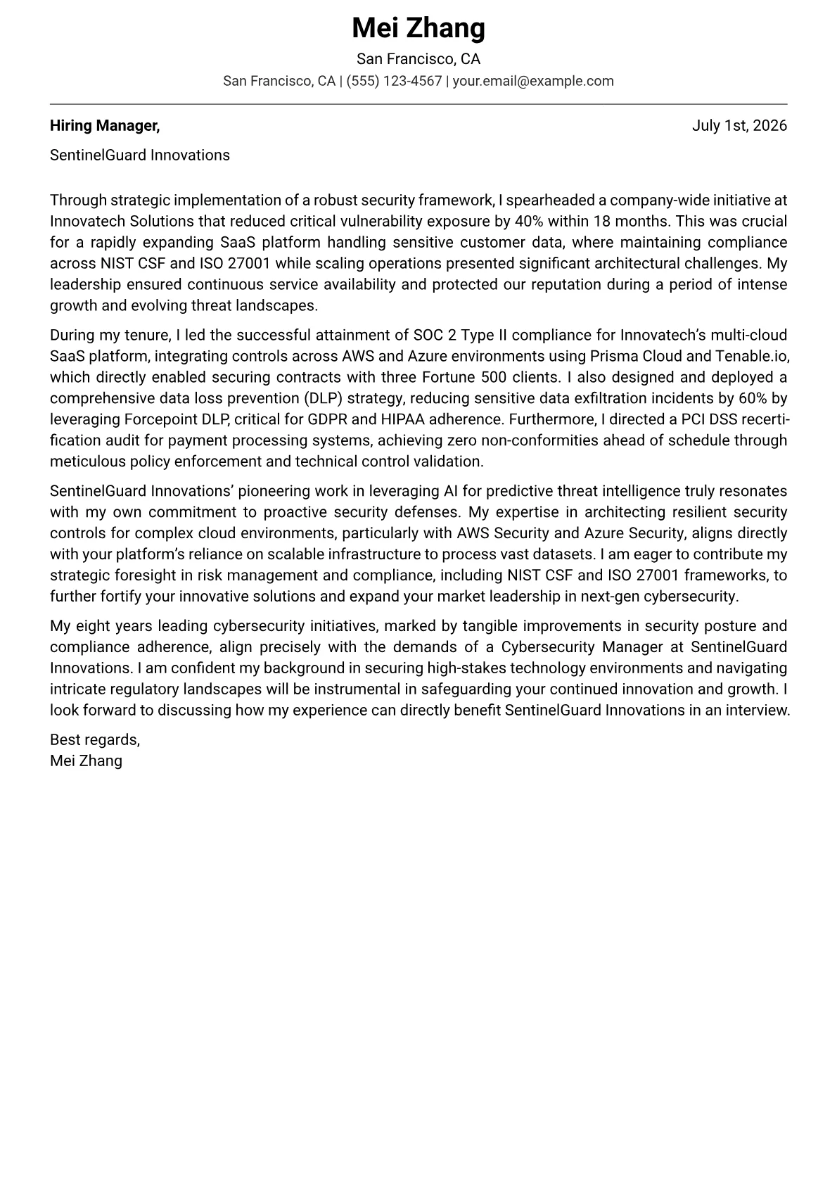 Cybersecurity Manager cover letter formatted with a JobSprout template