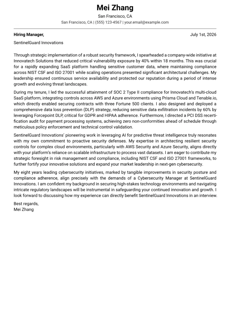 Cybersecurity Manager cover letter example preview