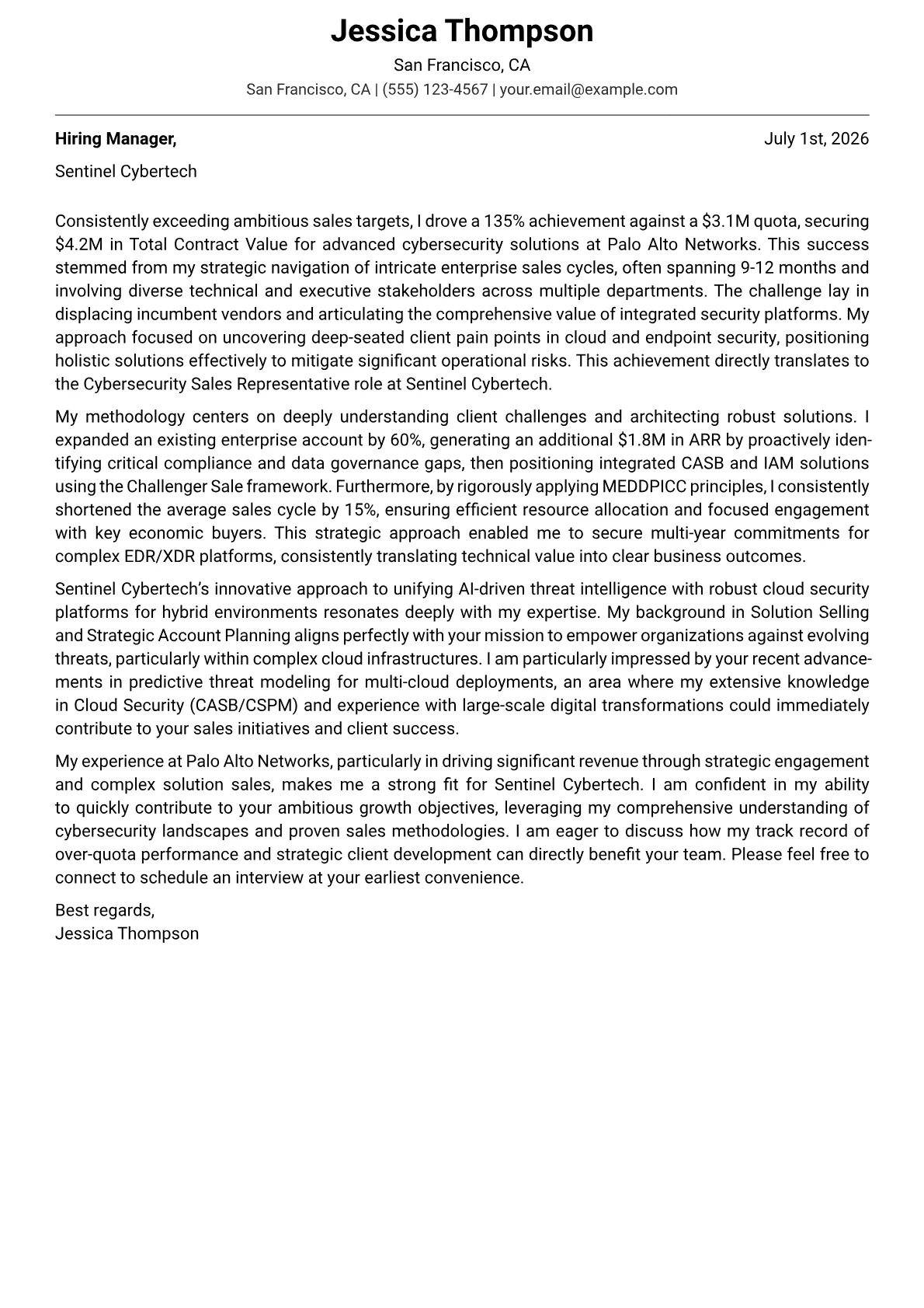 Cybersecurity Sales Representative cover letter formatted with a JobSprout template