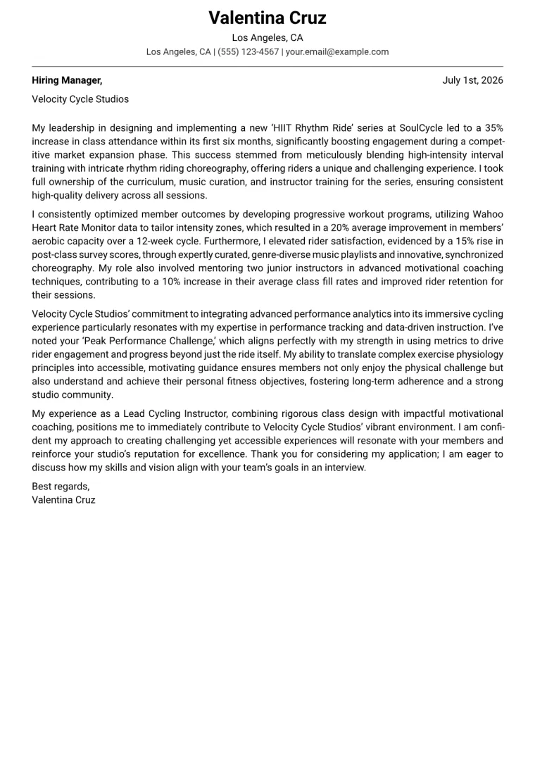 Cycling Instructor cover letter example preview