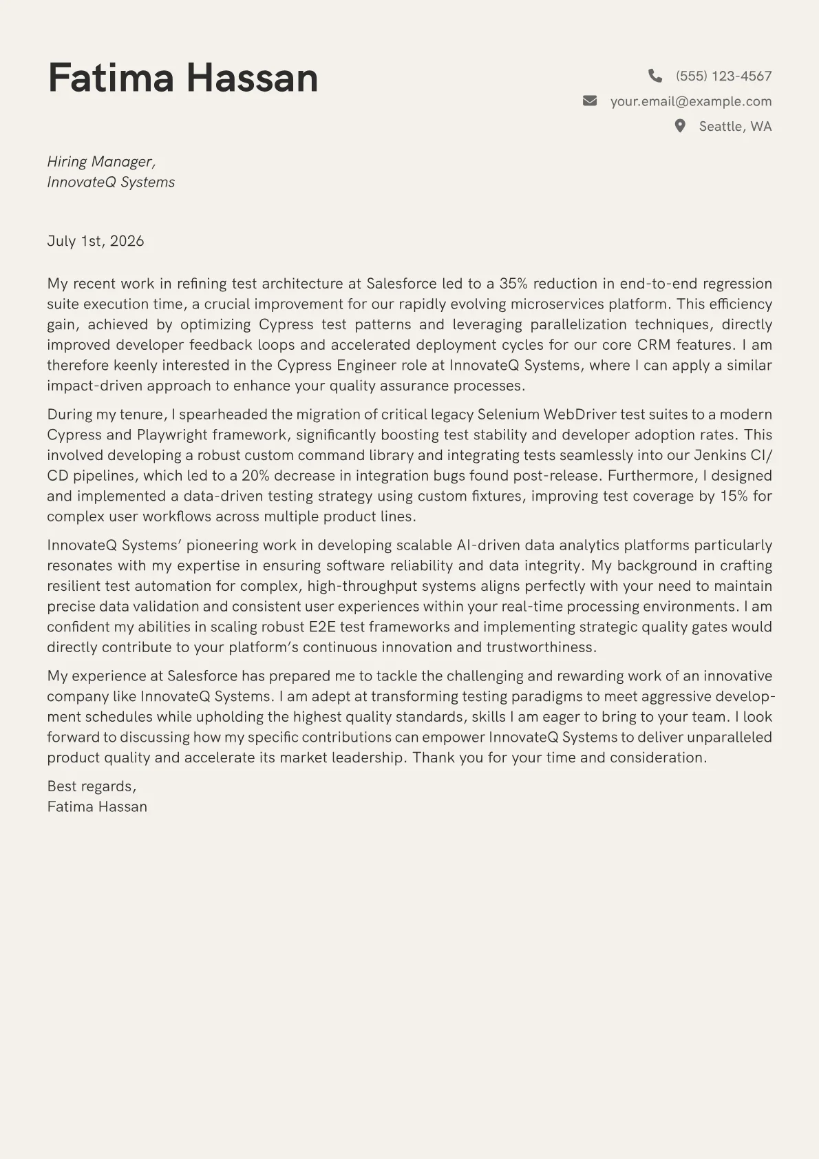 Cypress Engineer cover letter formatted with a JobSprout template
