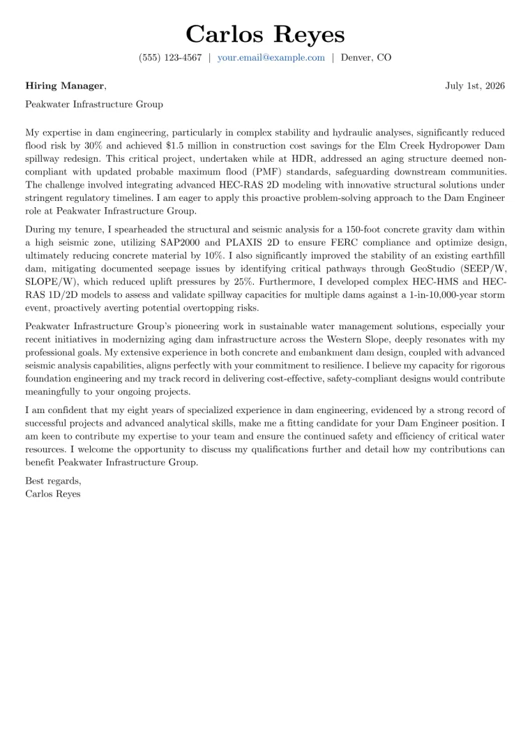 Dam Engineer cover letter example