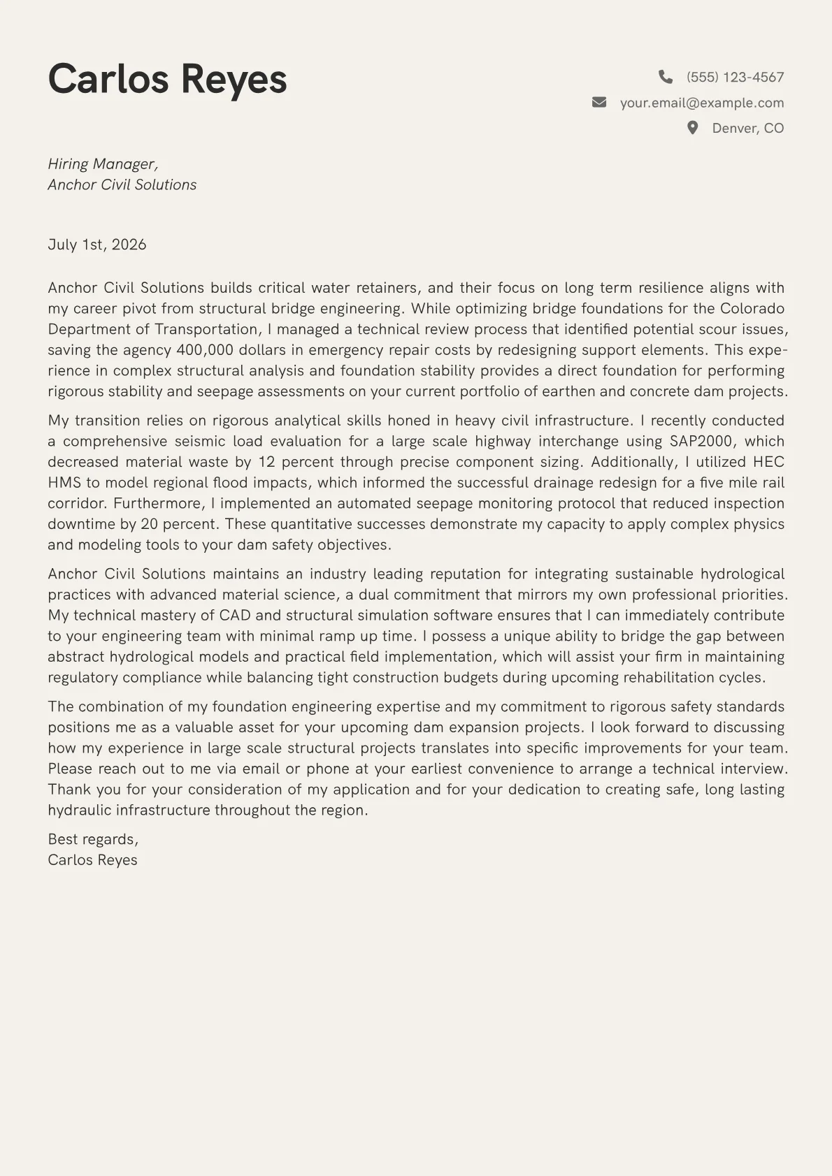Dam Engineer cover letter in the Creative design