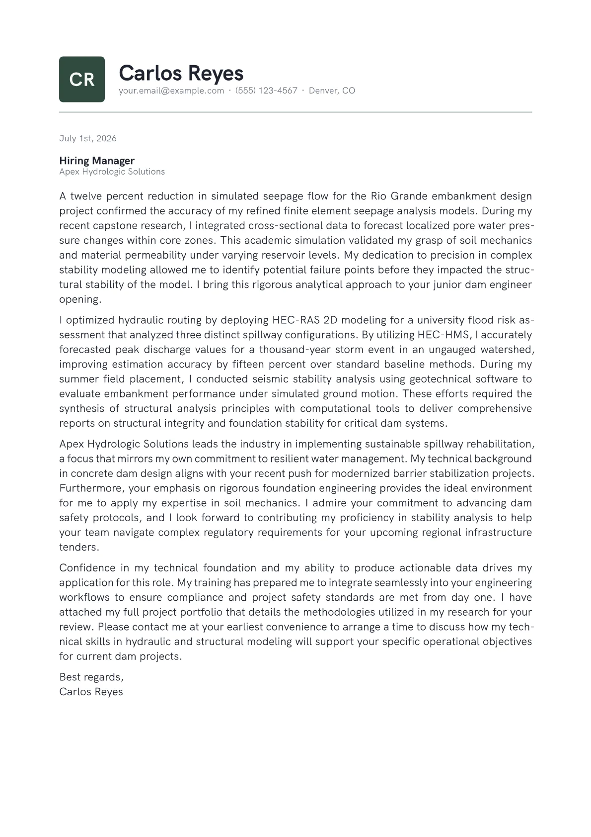Dam Engineer cover letter in the Emblem design