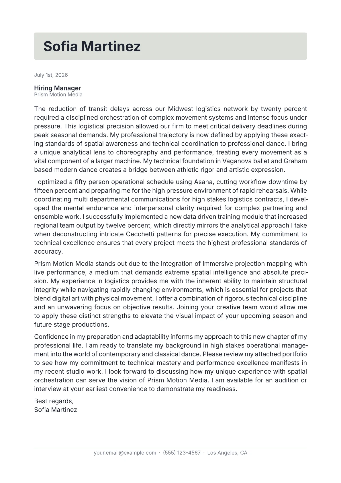 Dance cover letter in the Letterhead design