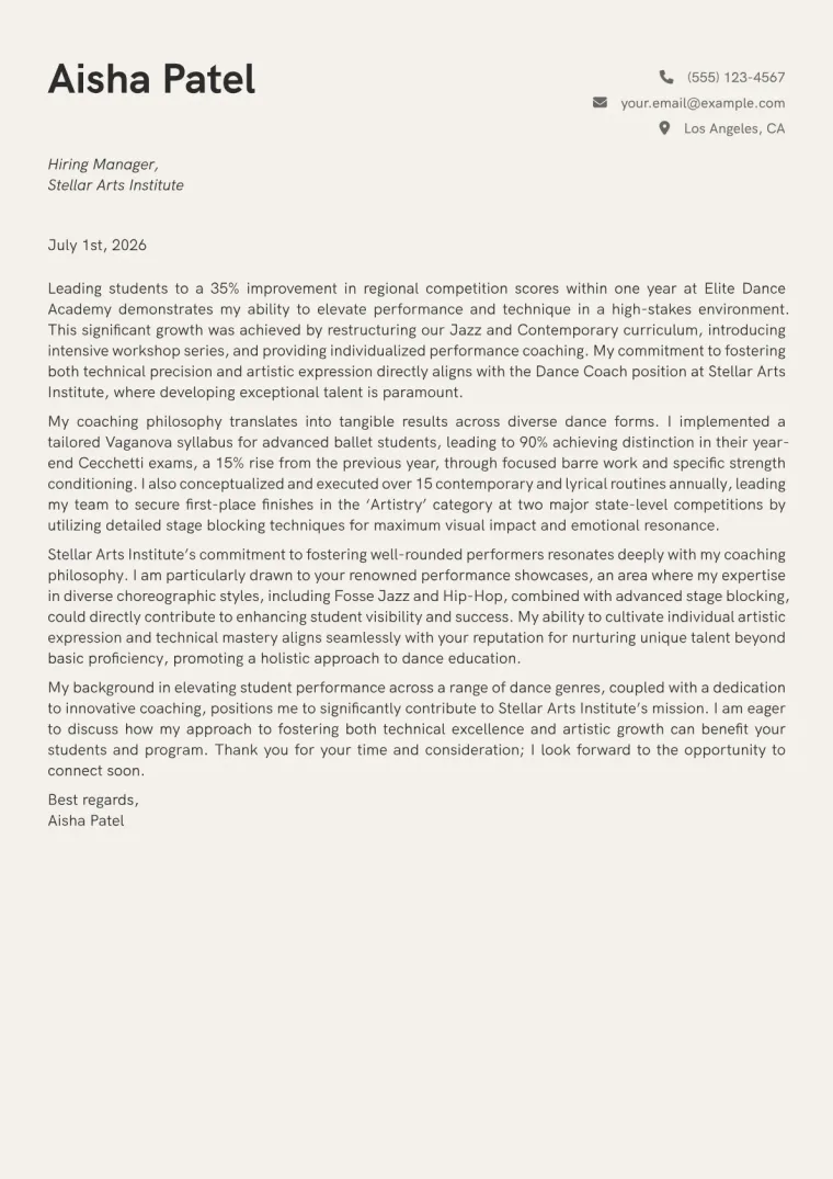 Dance Coach Cover Letter Example