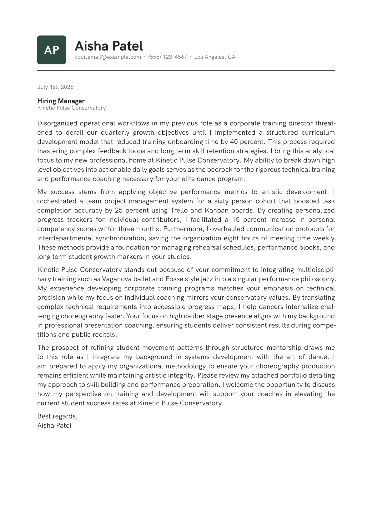 Dance Coach cover letter in the Emblem design