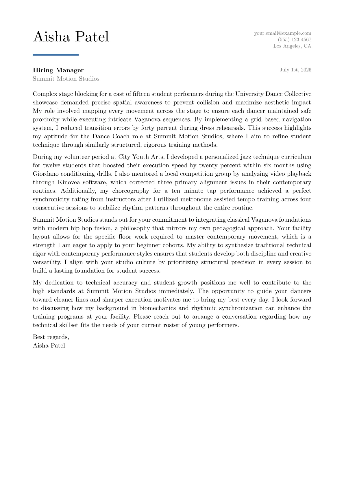 Dance Coach cover letter in the Executive design
