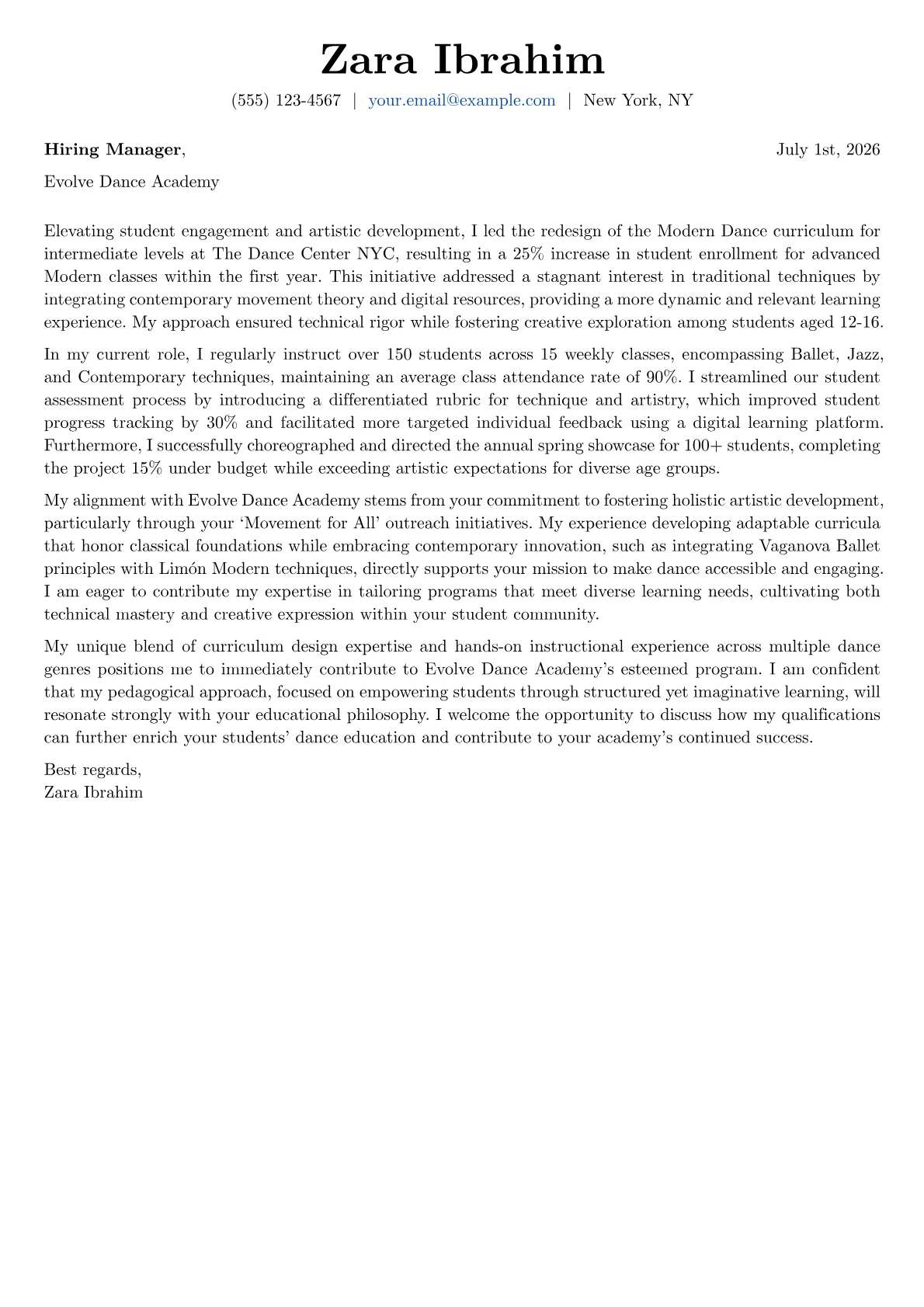 Dance Education Teacher cover letter formatted with a JobSprout template