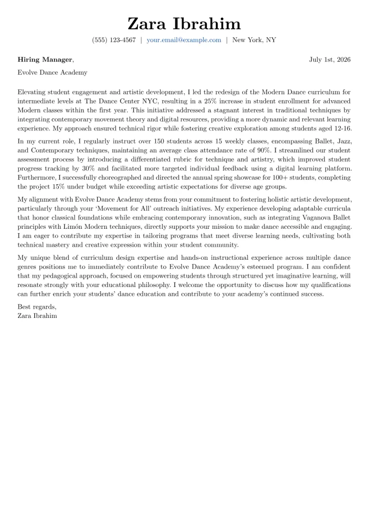 Dance Education Teacher cover letter example preview