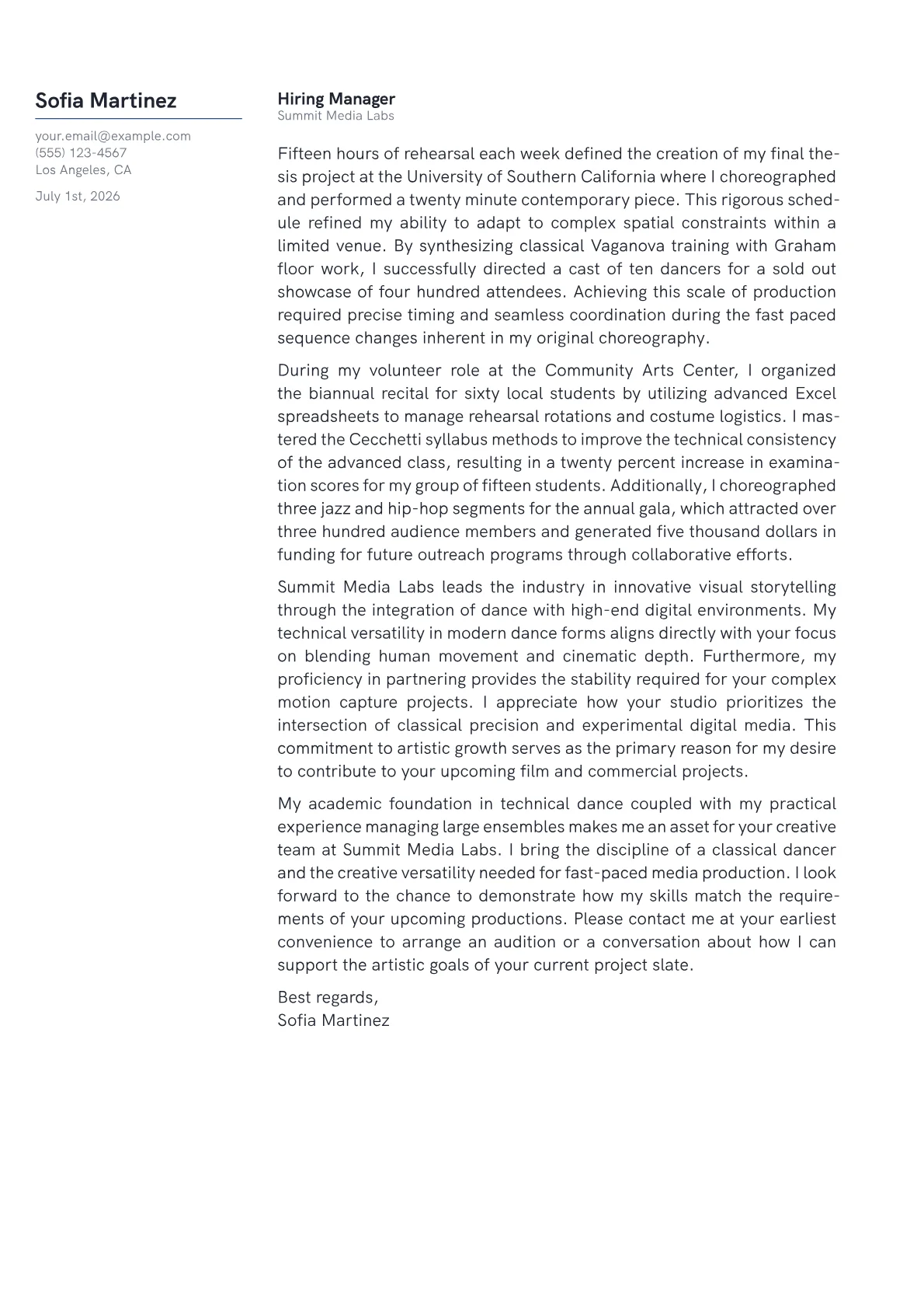 Dance cover letter in the Margin design