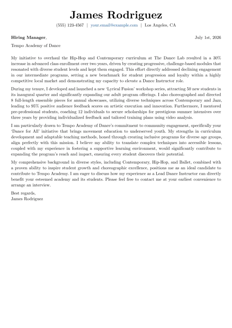 Dance Instructor Cover Letter Example