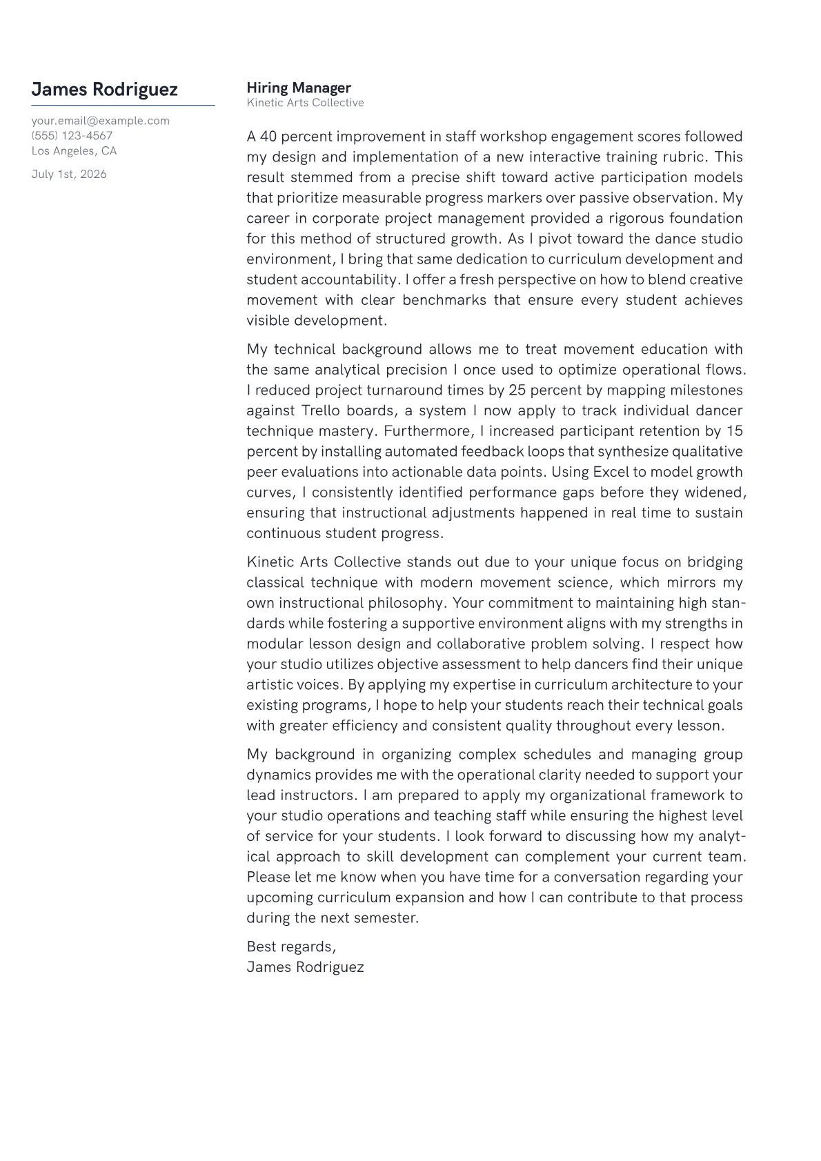 Dance Instructor cover letter in the Margin design