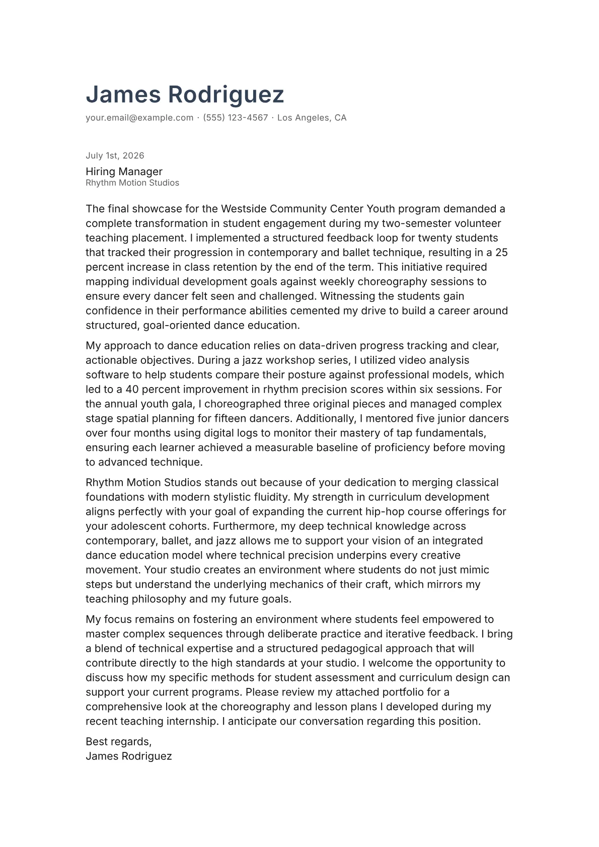 Dance Instructor cover letter in the Minimal design