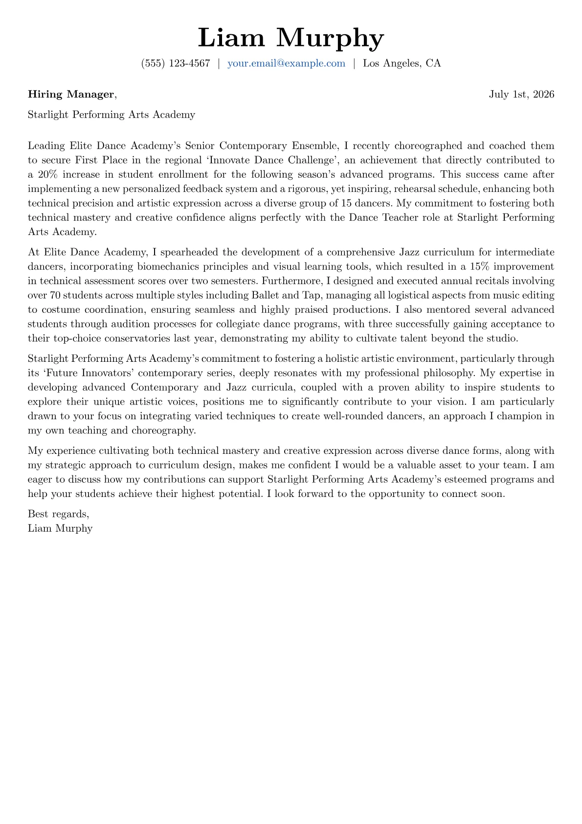 Dance Teacher cover letter formatted with a JobSprout template