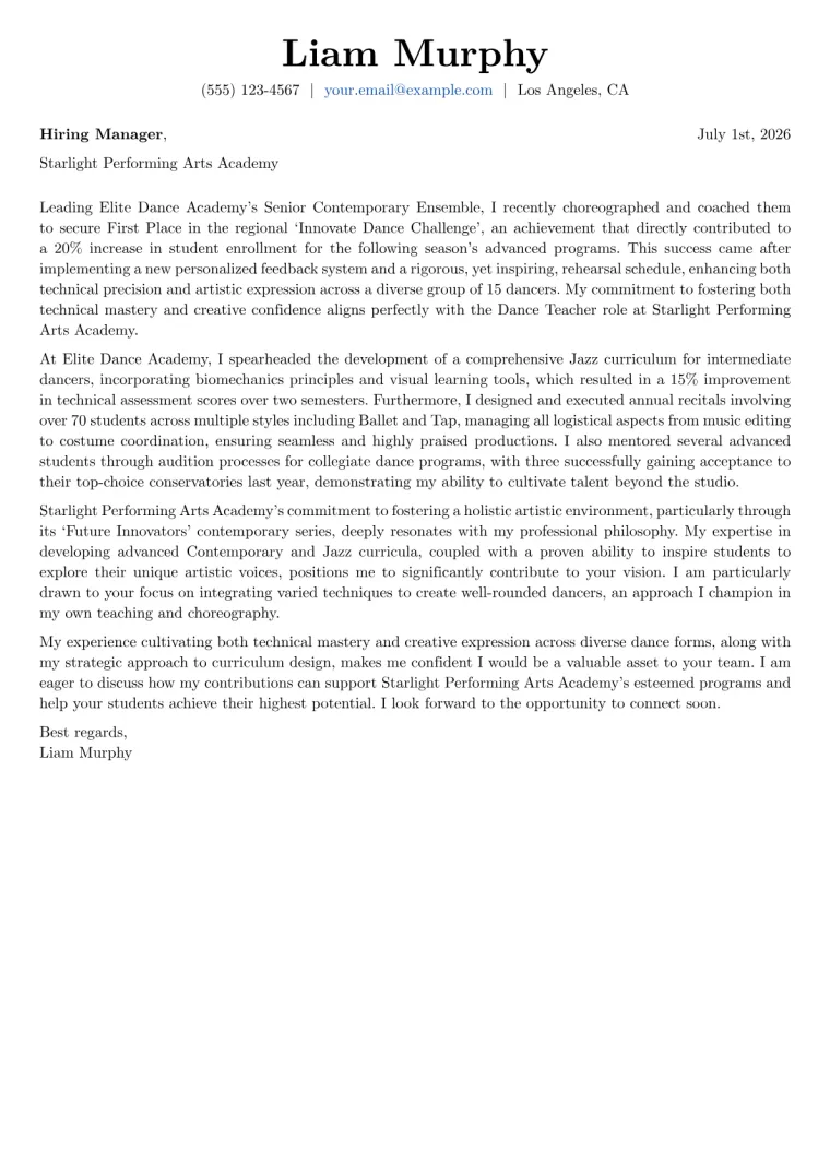 Dance Teacher cover letter example preview