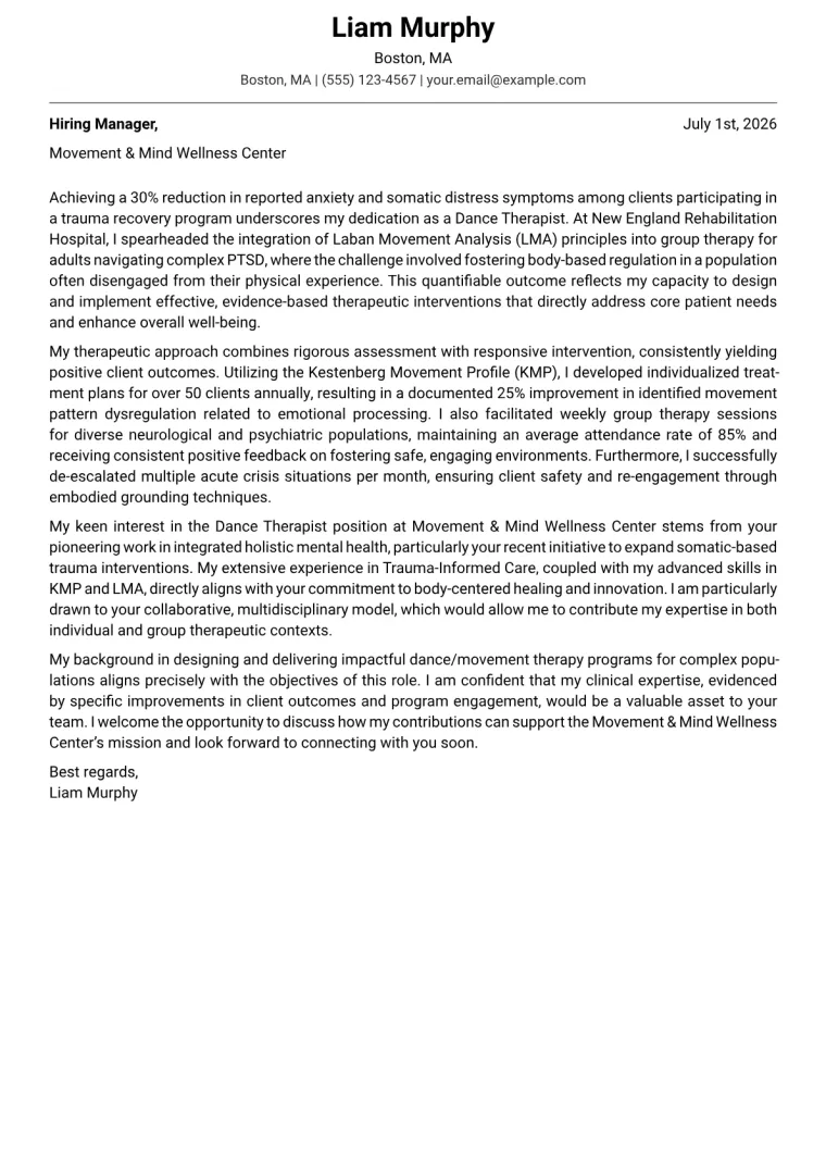 Dance Therapist Cover Letter Example
