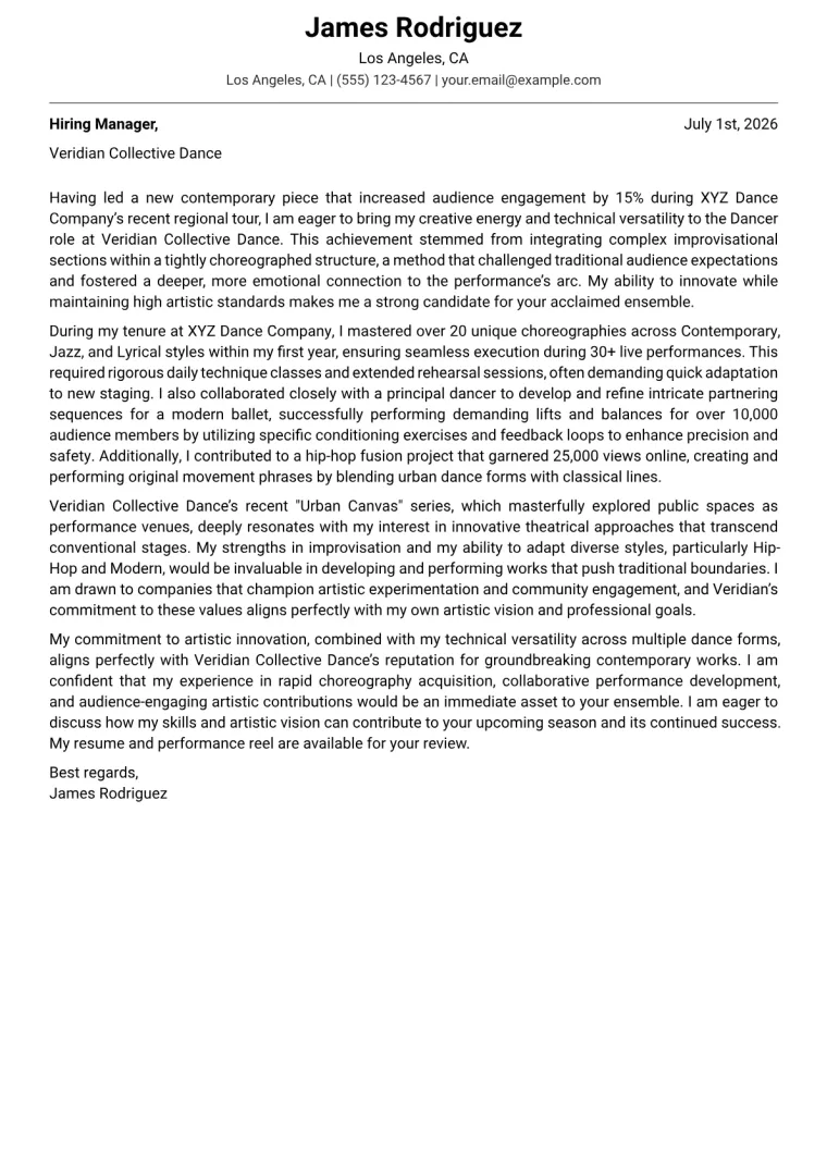 Dancer Cover Letter Example