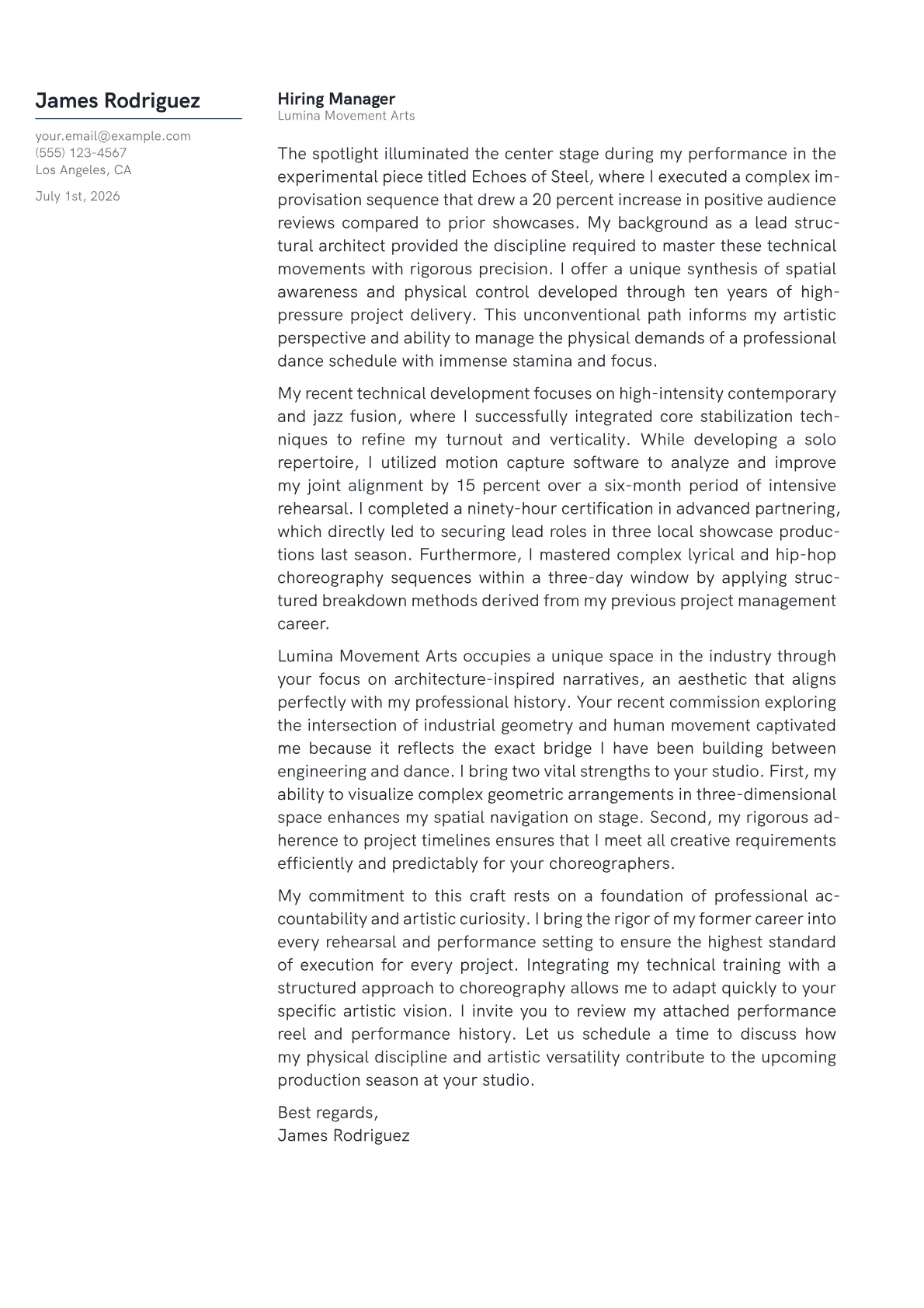 Dancer cover letter in the Margin design