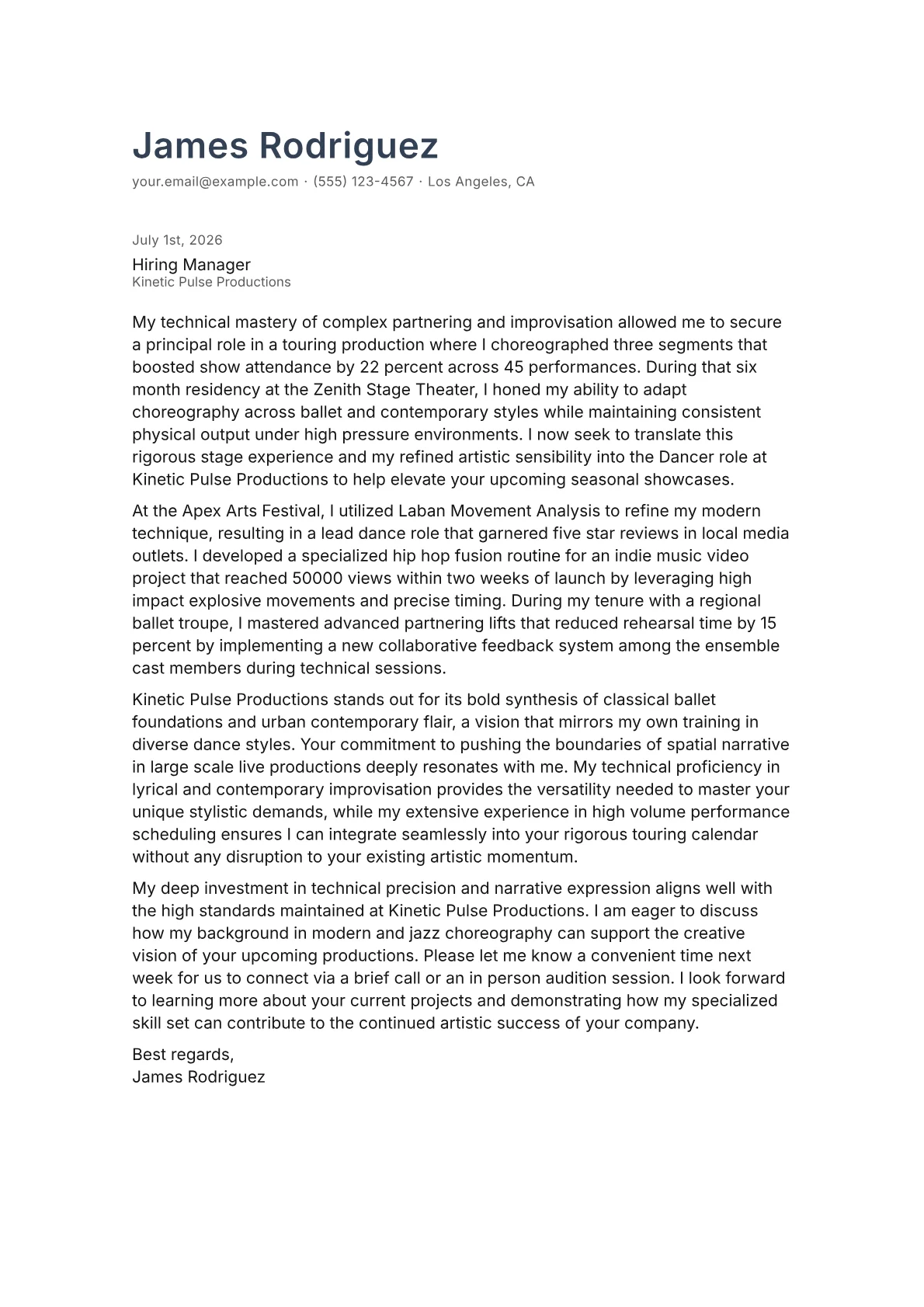 Dancer cover letter in the Minimal design