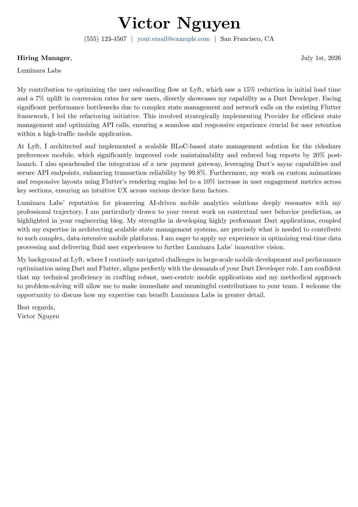Dart Developer cover letter formatted with a JobSprout template