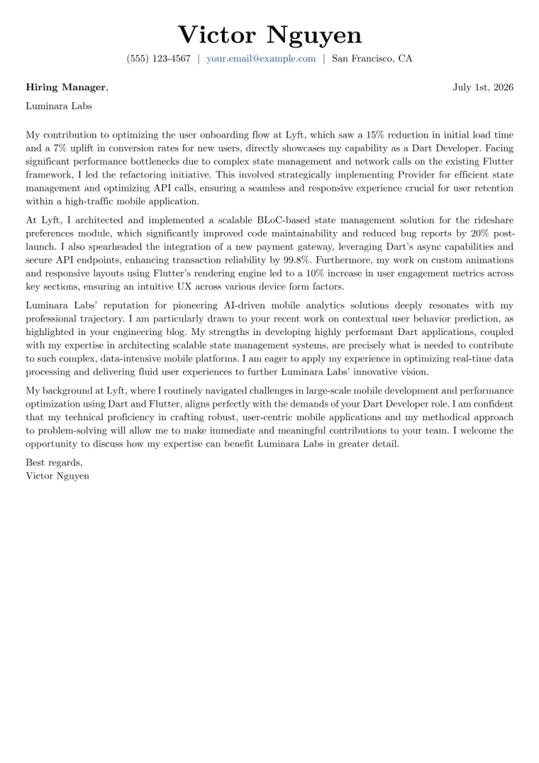 Dart Developer cover letter example preview