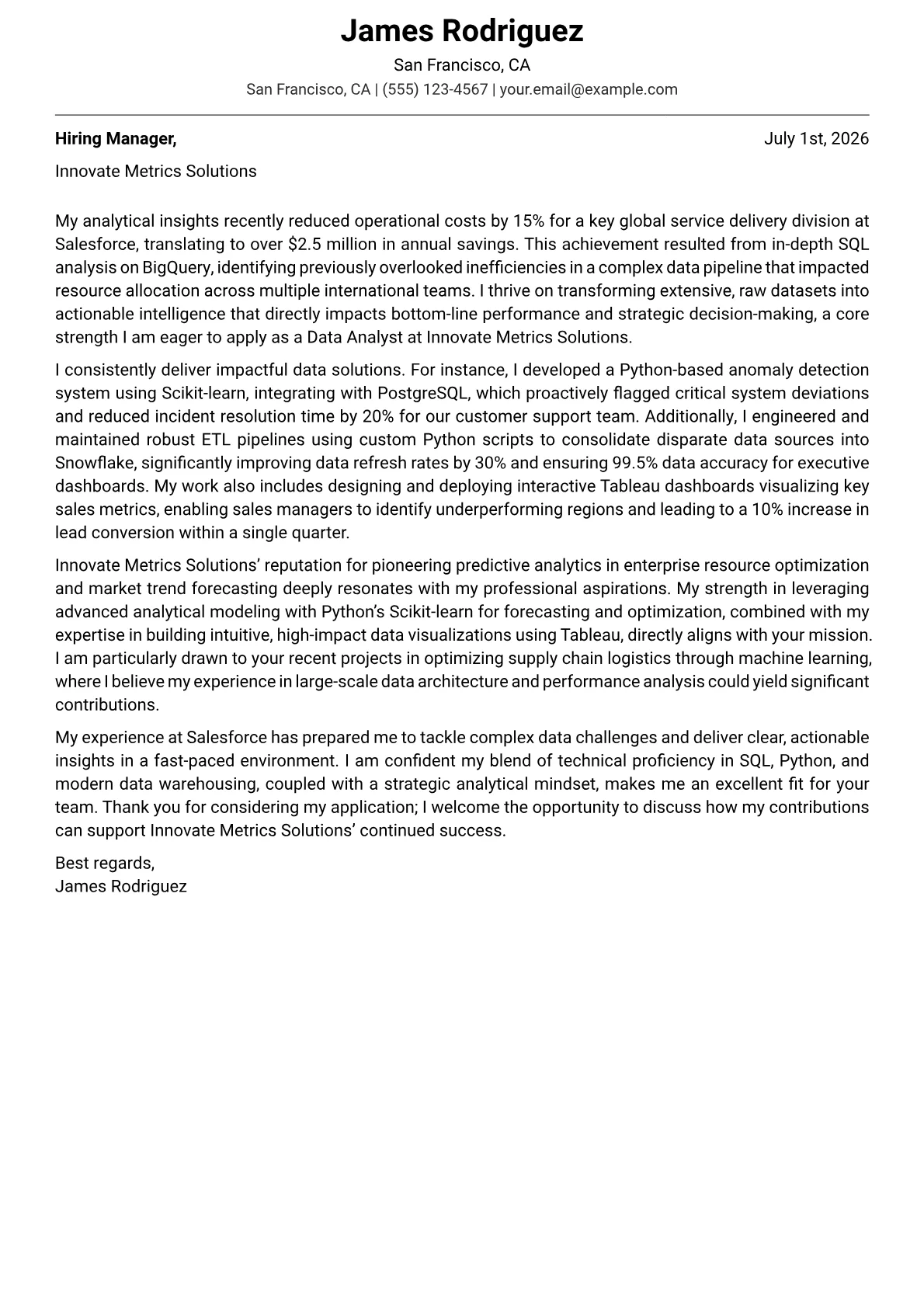 Data Analyst cover letter formatted with a JobSprout template