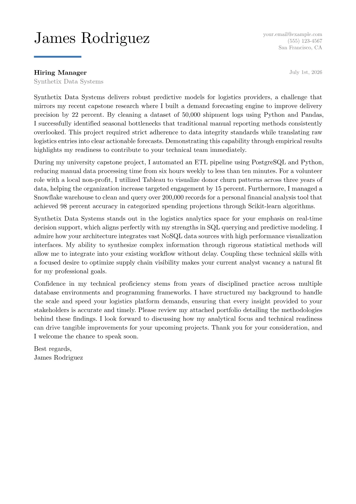 Data Analyst cover letter in the Executive design