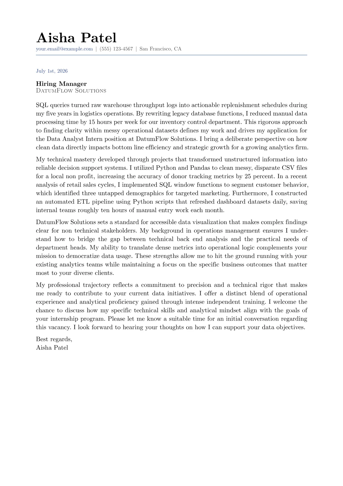 Data Analyst Intern cover letter in the Classic design