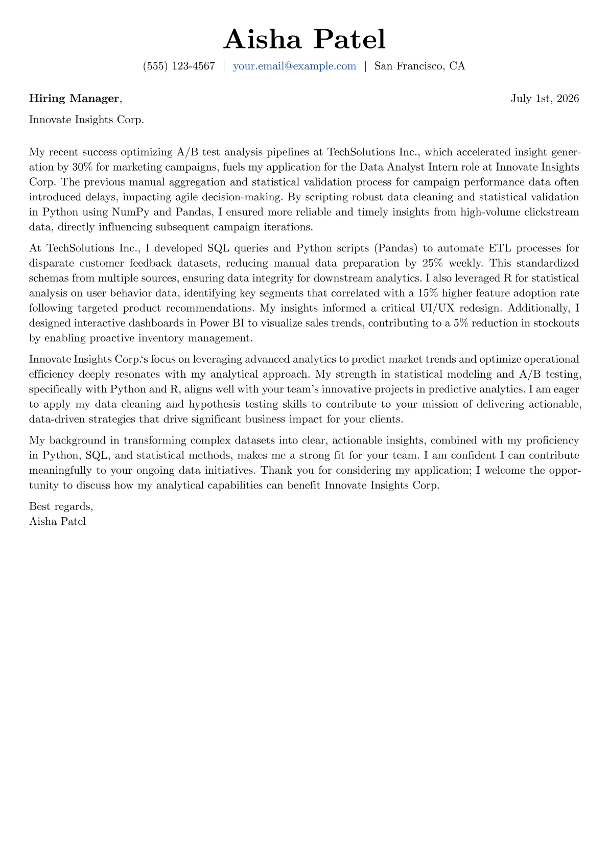 Data Analyst Intern cover letter formatted with a JobSprout template