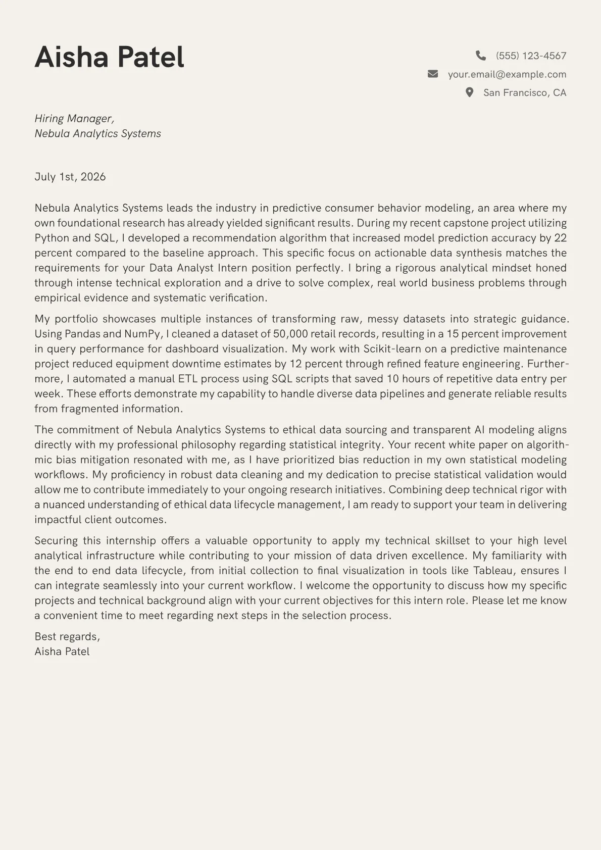 Data Analyst Intern cover letter in the Creative design
