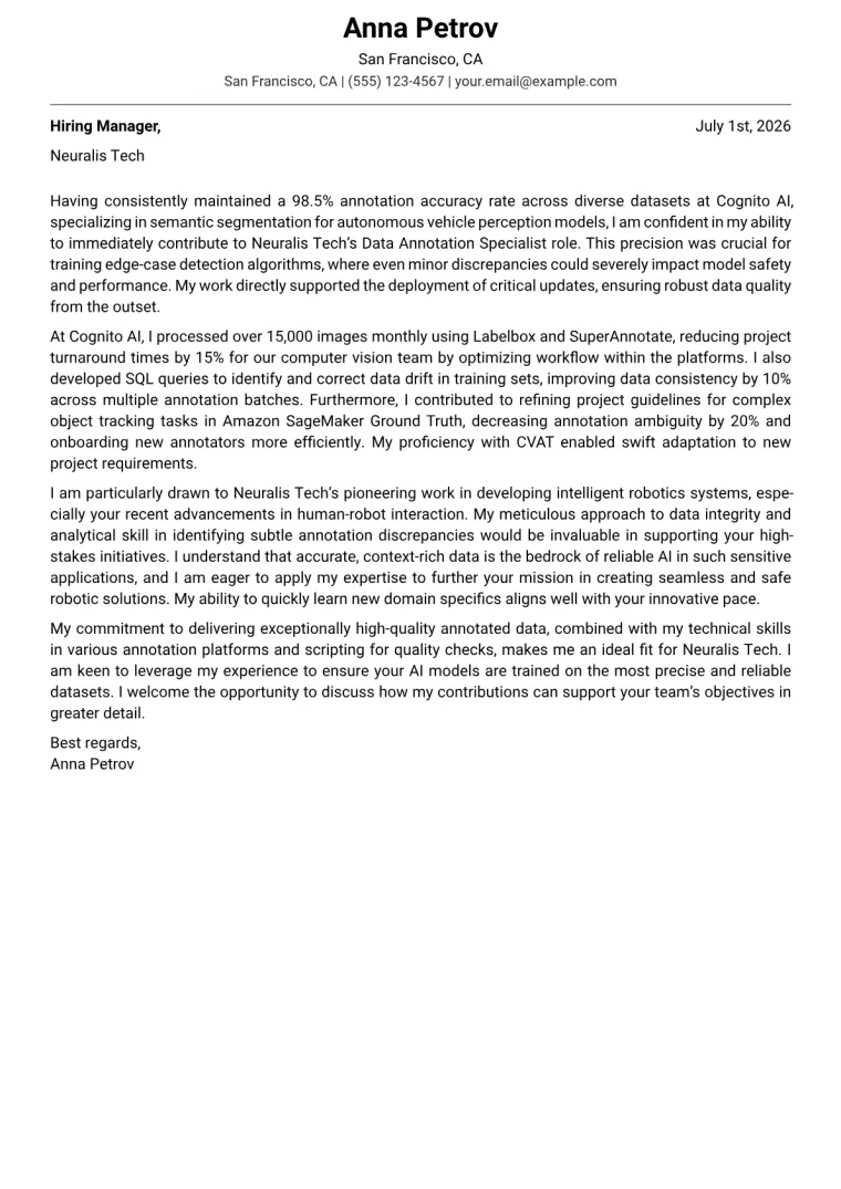Data Annotation Specialist cover letter example preview