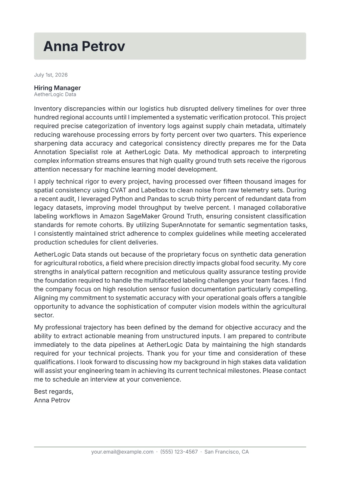 Data Annotation Specialist cover letter in the Letterhead design