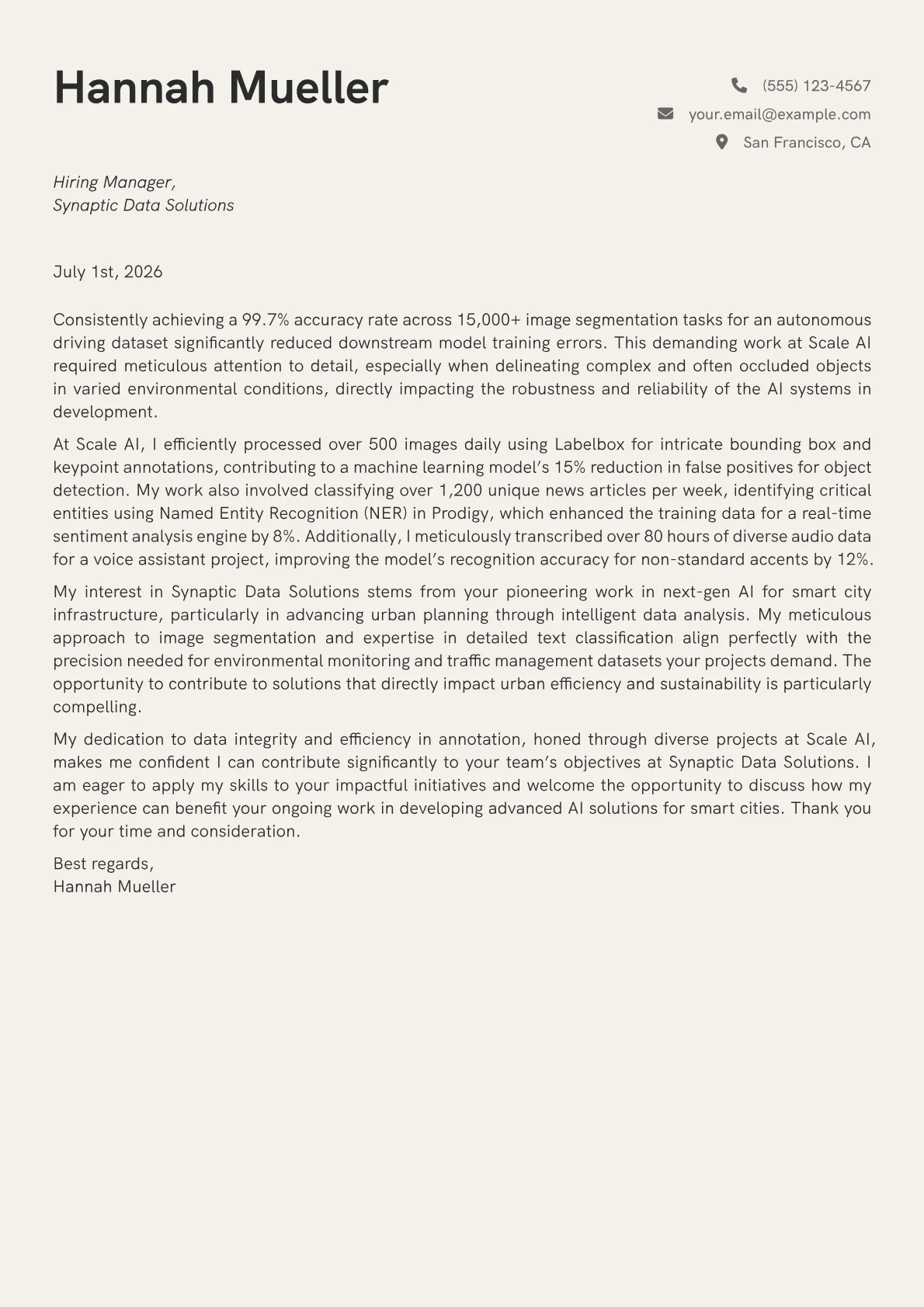 Data Annotator cover letter formatted with a JobSprout template