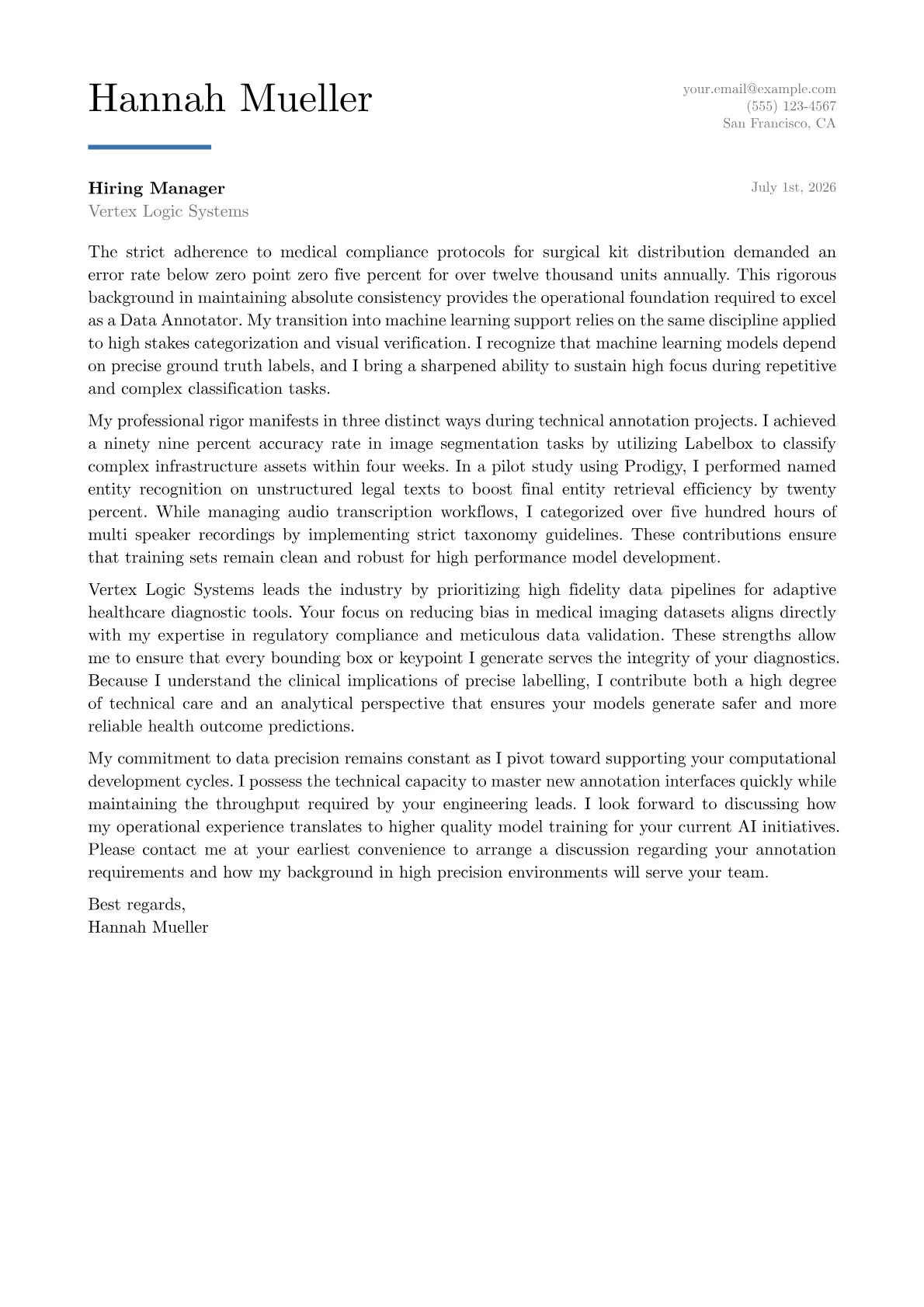 Data Annotator cover letter in the Executive design