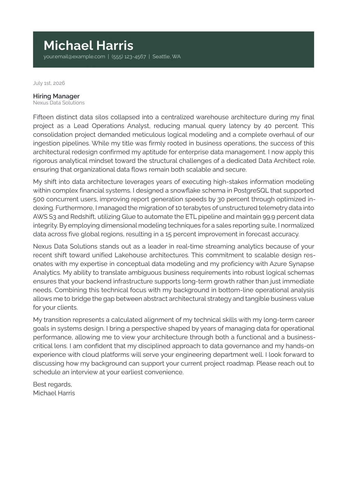 Data Architect cover letter in the Banner design