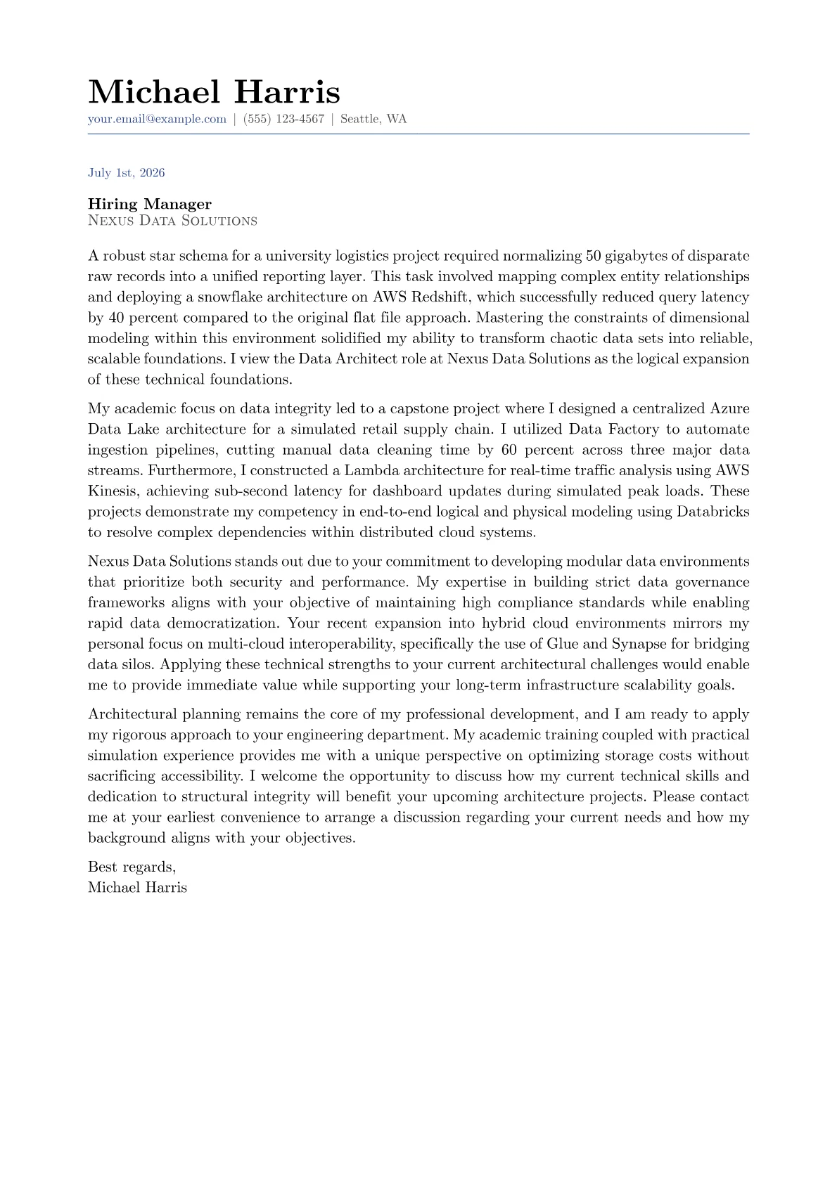Data Architect cover letter in the Classic design