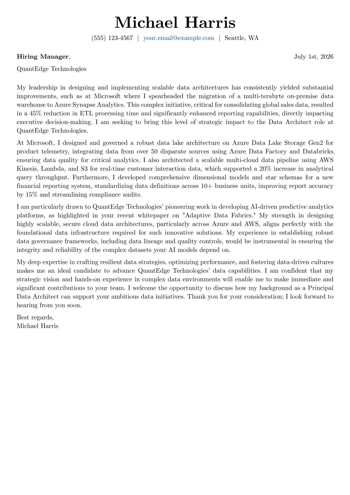 Data Architect cover letter formatted with a JobSprout template