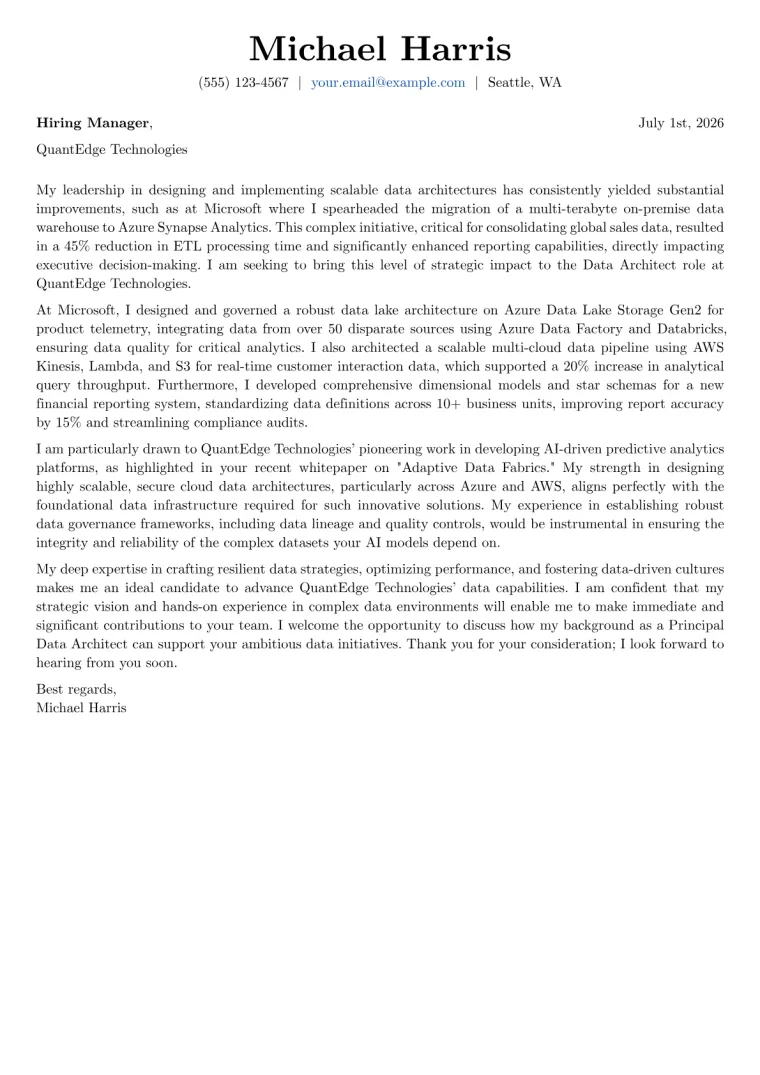Data Architect cover letter example