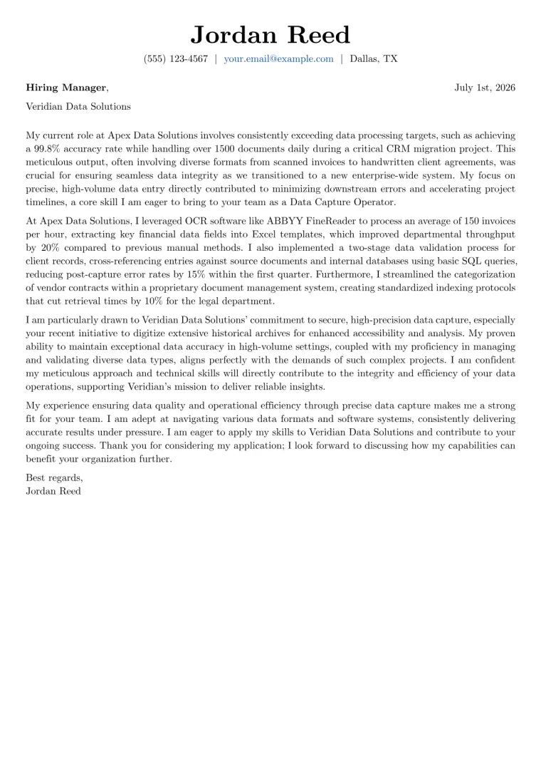 Data Capture Operator cover letter example preview