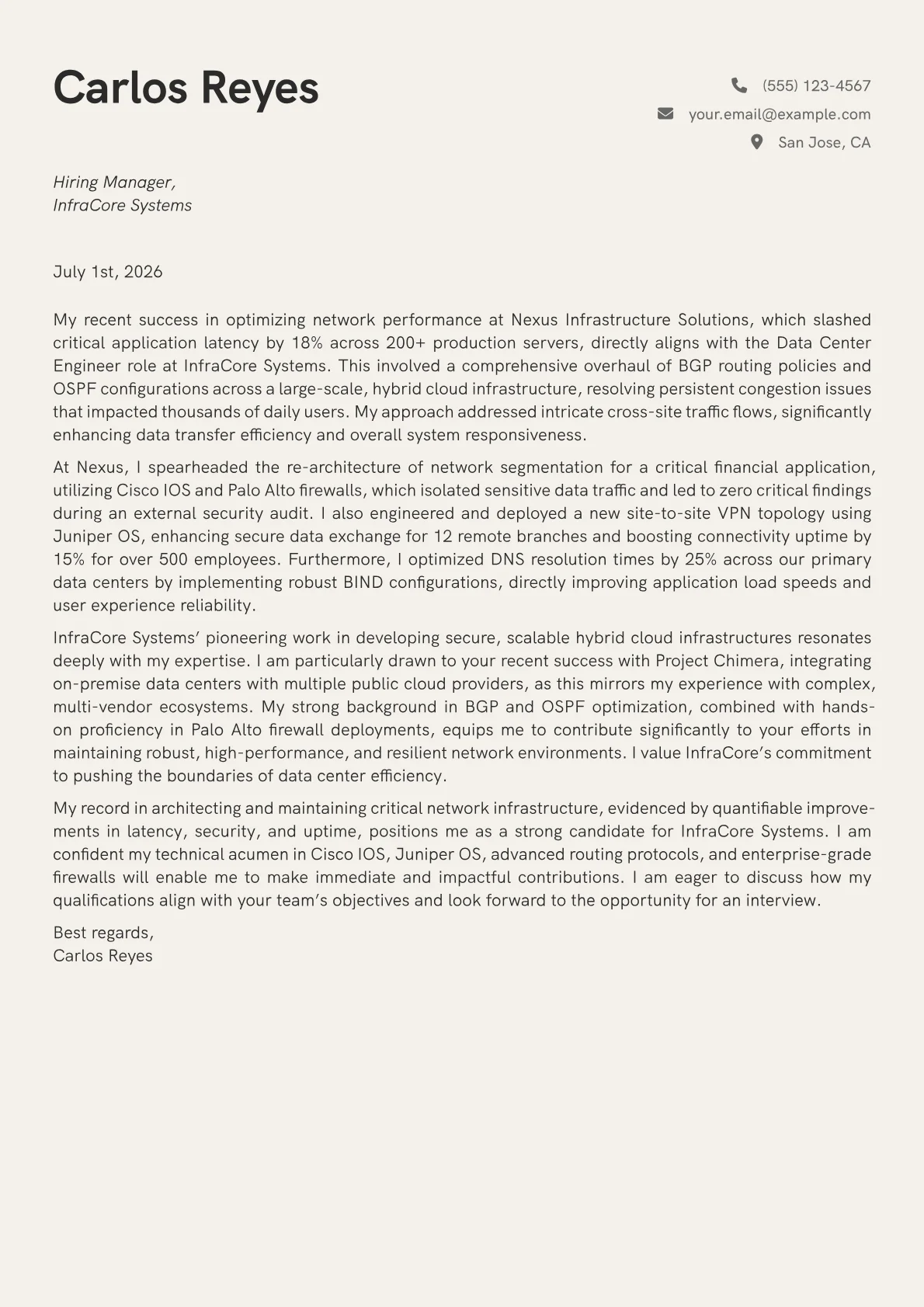 Data Center Engineer cover letter formatted with a JobSprout template