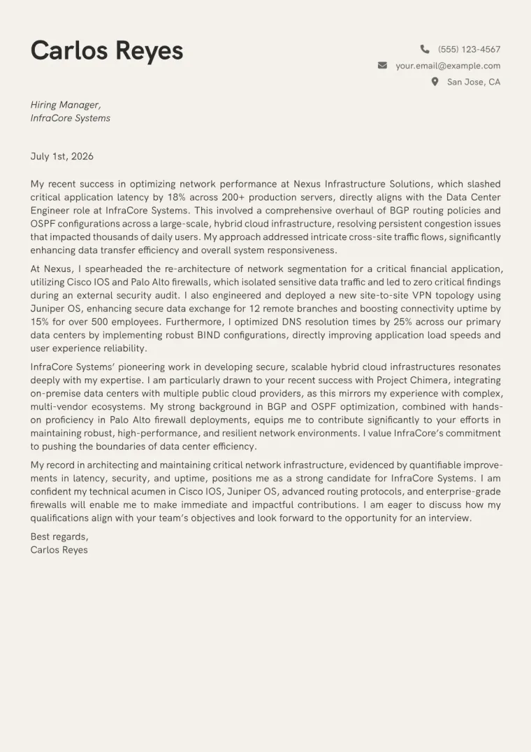 Data Center Engineer cover letter example preview