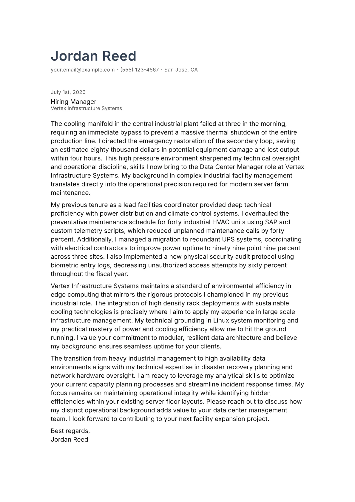 Data Center Manager cover letter in the Minimal design