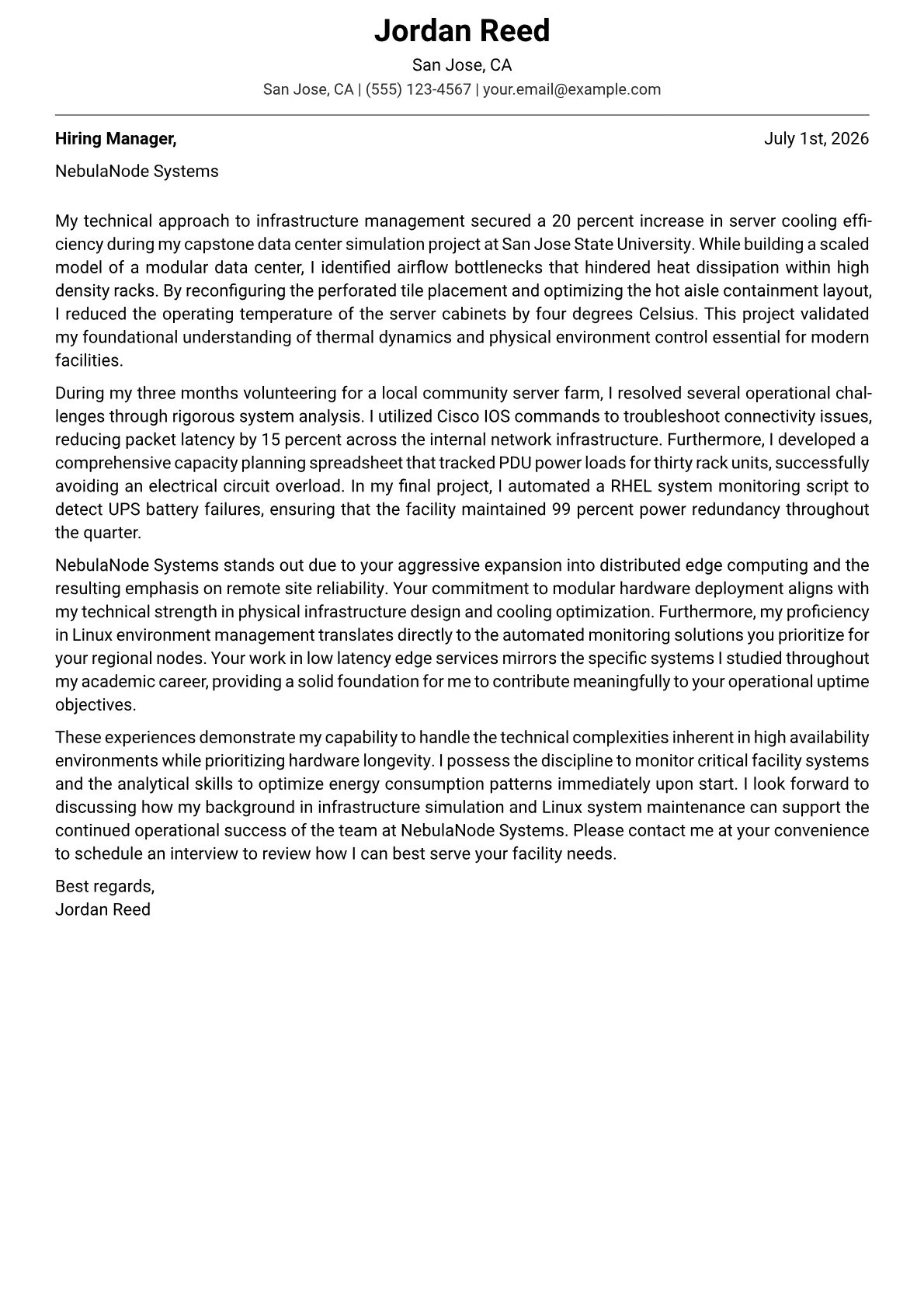 Data Center Manager cover letter in the Modern design
