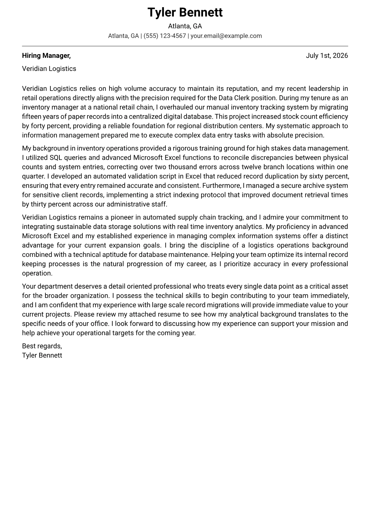 Data Clerk cover letter in the Modern design